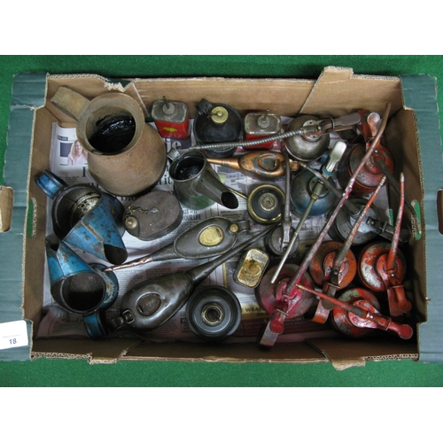 18 - Box of approx twenty three oil cans and pourers from: Kayes, Castrol, Shell, Braimes, Draper, Wesco ... 