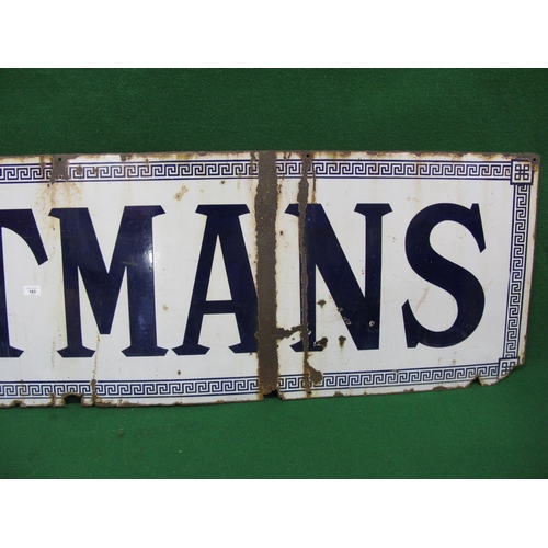 183 - Enamel advertising sign for Eastmans, dark blue letters and Greek Key border on a white ground - 85