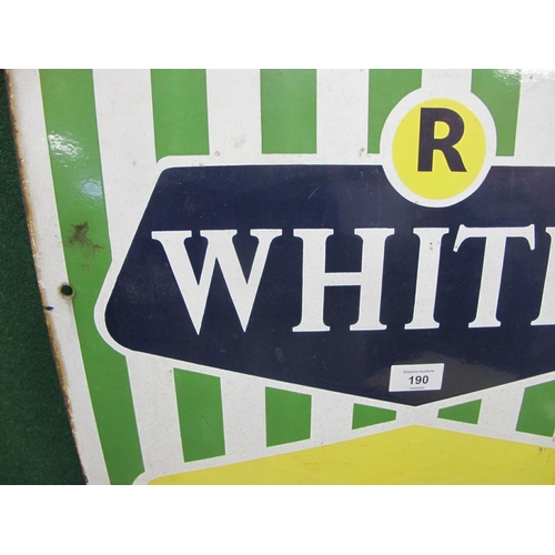 190 - Enamel advertising sign for R Whites Soft Drinks, white and black letters on a blue, yellow, green a... 