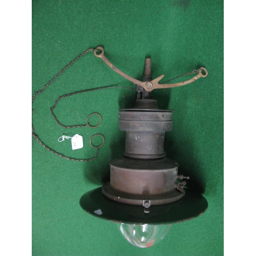 219 - Sugg copper and brass railway station gas lamp with green enamel shade and fitted glass bowl - 14