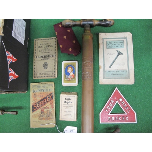 26 - Mixed lot to include: Sphinx stirrup pump, Exide playing cards, two Austin ties, Uni-gun patent grea... 