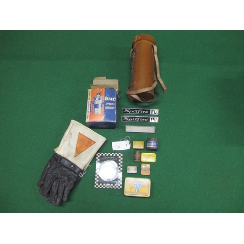 31 - Mixed lot to include: WD 1953 two gallon can, leather gauntlets, AA GB plaque, boxed leather cased I... 