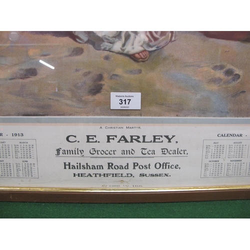 317 - Framed 1913 calendar featuring a E.Bisch painting of a Christian Martyr with lions in a Roman Coloss... 