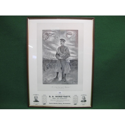 319 - Framed 1916 calendar featuring a picture of a soldier thinking of home, produced for SA Honeysett Ba... 