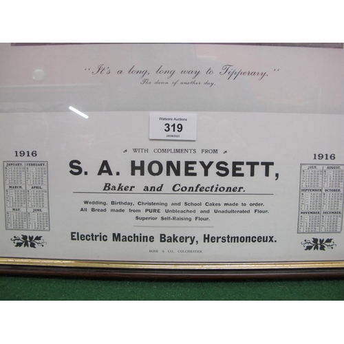 319 - Framed 1916 calendar featuring a picture of a soldier thinking of home, produced for SA Honeysett Ba... 