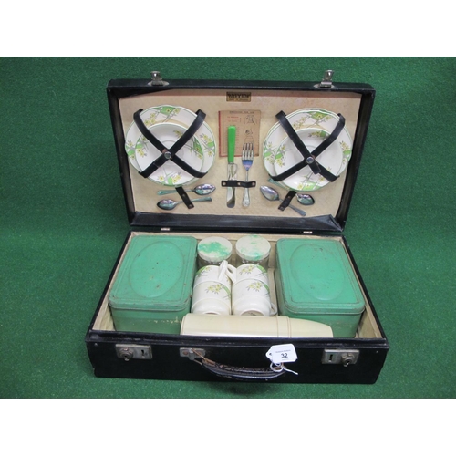 32 - Brexton picnic case in black with china plates and cups, two tins, Thermos and cutlery