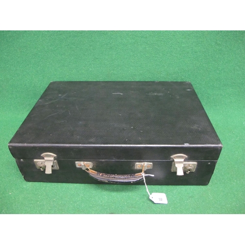 32 - Brexton picnic case in black with china plates and cups, two tins, Thermos and cutlery