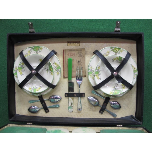 32 - Brexton picnic case in black with china plates and cups, two tins, Thermos and cutlery