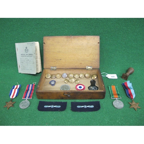 333 - Small wooden box containing: RAF Service And Release book for LAC HJ Vaughan 1/1941-3/46, brass butt... 