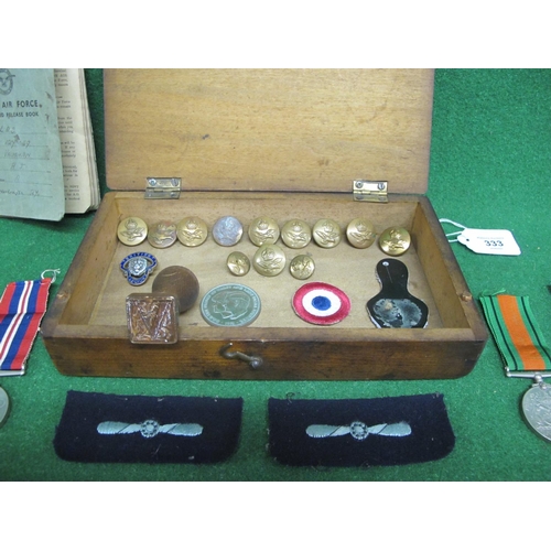 333 - Small wooden box containing: RAF Service And Release book for LAC HJ Vaughan 1/1941-3/46, brass butt... 