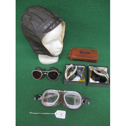 4 - Leather helmet, four pairs of driving goggles and a empty box for Willson (USA) goggles