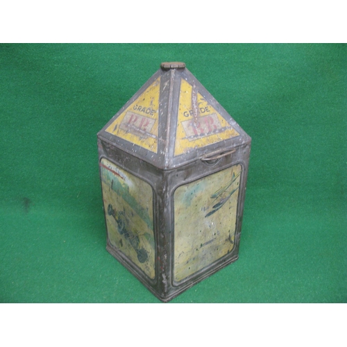 40 - Gamages five gallon pyramid motor oil can with cap and two handles, featuring speedboat, seaplane an... 