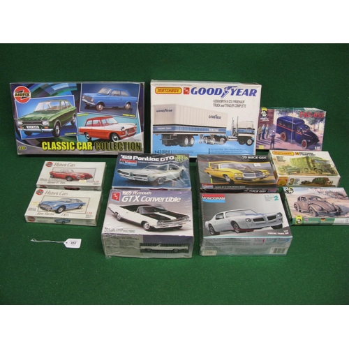 452 - Eleven unmade plastic kits of road vehicles by Airfix, Matchbox, AMT/Ertl, Military wheels and Monog... 