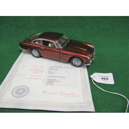 464 - Finely detailed dust free 1964 Aston Martin DB5 in Dubonnet red, Crafted In China for Danbury Mint, ... 