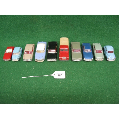 467 - Ten loose playworn Triang Spot-On diecast vehicles to include: Hillman Minx, Morris Minor, Vauxhall ... 