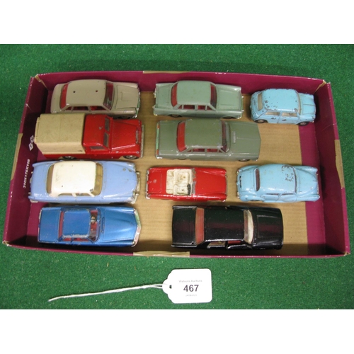 467 - Ten loose playworn Triang Spot-On diecast vehicles to include: Hillman Minx, Morris Minor, Vauxhall ... 