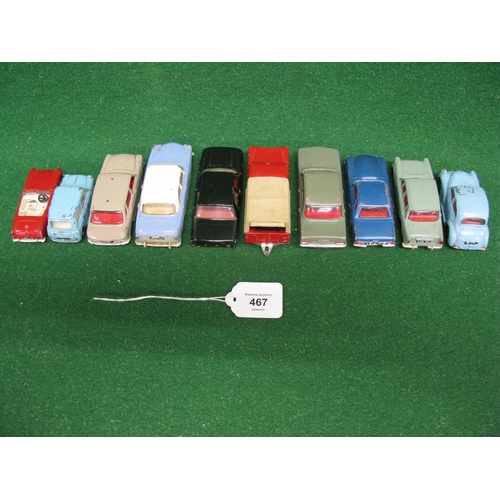 467 - Ten loose playworn Triang Spot-On diecast vehicles to include: Hillman Minx, Morris Minor, Vauxhall ... 