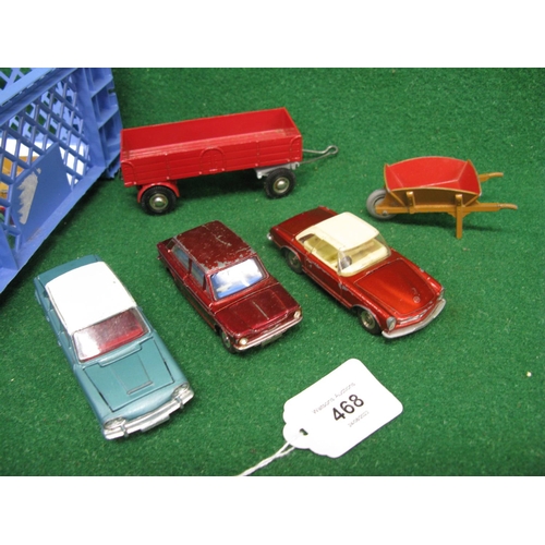 468 - Box of loose, playworn Dinky items to include: French made Mercedes Benz 280SL, Hillman Imp in red l... 