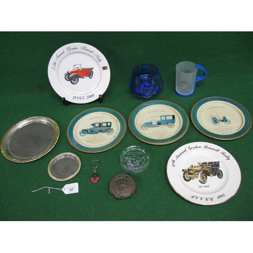 47 - Assorted metal, china and glass plates, bowls, cups etc for Renault and Veteran car rallies together... 