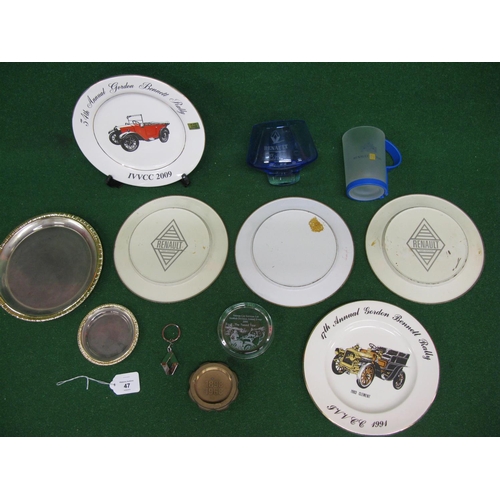 47 - Assorted metal, china and glass plates, bowls, cups etc for Renault and Veteran car rallies together... 