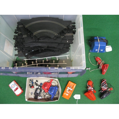 472 - Crate of Scalextric track, controllers, Metro and Electra cars, accessories etc