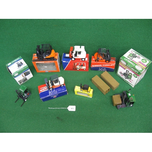 473 - Collection of seven boxed modern fork lift models constructed of metal and plastic in Japan, Spain a... 