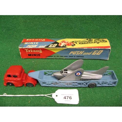 476 - All plastic Triang Minic aircraft transporter with dismantled jet (one wheel missing), both are push... 