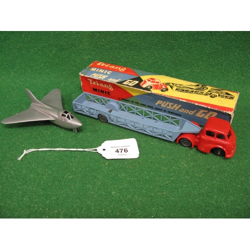 476 - All plastic Triang Minic aircraft transporter with dismantled jet (one wheel missing), both are push... 