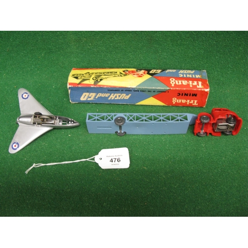 476 - All plastic Triang Minic aircraft transporter with dismantled jet (one wheel missing), both are push... 