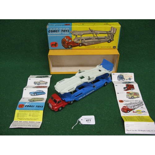 477 - 1957-1962 Corgi-Major No. 1101 Carrimore car transporter with red cab and blue body together with tw... 