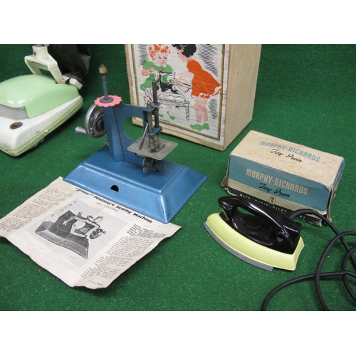 478 - Mettoy Supertype tinplate typewriter, Little Betty sewing machine, Morphy-Richards toy iron and Meri... 