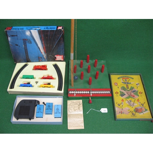 479 - Chad Valley wooden skittles set, Bell projector with films, Jouef plastic train set (locomotive af) ... 