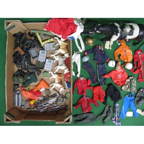 494 - Two boxes of Action Man items to include: man, horse, selection of clothing, boots, hats and guns to... 