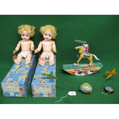 495 - Two boxed Pedigree Delite dolls with lustrous Sarin hair together with a German tinplate rotating ai... 