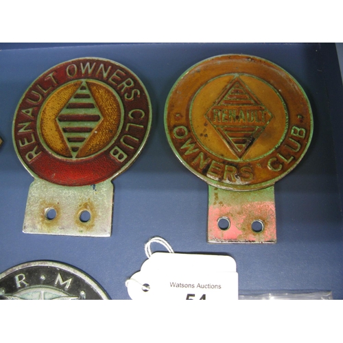 54 - Six car badges to comprise: two different Renault Owners Club, ORMA Associate Member, KM Veteran Car... 