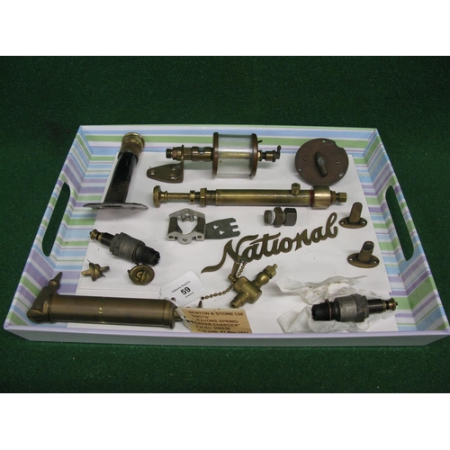 59 - Tray of veteran and vintage mainly brass car parts to include: Vauxhall on/off dashboard switch, Nat... 