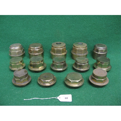 60 - Group of fourteen vintage brass wheel nuts, all with inscription to comprise: two Bingham & Son Long... 