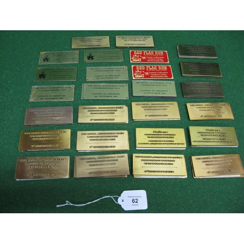 62 - Quantity of brass London-Brighton Run plaques from 1996-2015