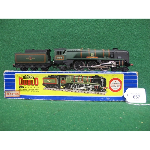 657 - 1960's Hornby Dublo 3 Rail 3235 West Country Class 4-6-2 locomotive and tender No. 34042 Dorchester ... 