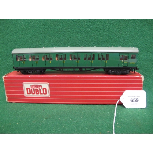 659 - 1960's Hornby Dublo 2 Rail 4150 EMU trailer coach No, S77511 in BR green, boxed