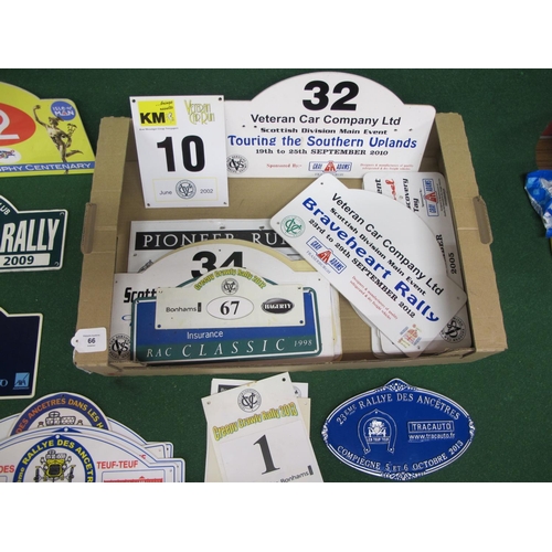 66 - Quantity of plastic and metal Veteran Car Run entry number plaques from around the country, Ireland,... 