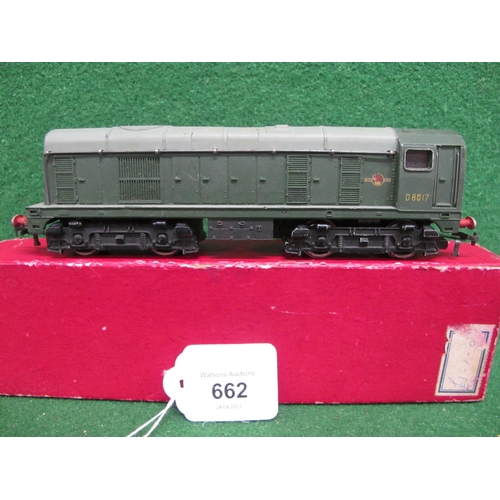 662 - 1959-1962 Hornby Dublo 2 Rail 2230 BoBo diesel locomotive D8017 in late BR green and grey livery, bo... 