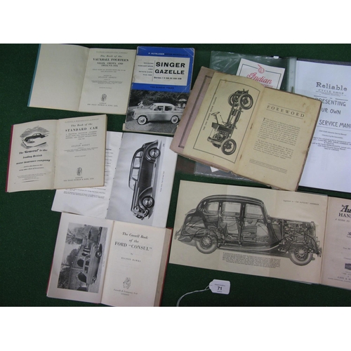 71 - Box of hand books for Ford, Humber, Morris, Singer, Vauxhall and Standard, Bacons and RAC road maps,... 