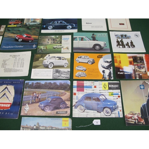 72 - Quantity of 1950's and 1960's brochures for Renault, Fiat, Citroen, VW, Peugeot, Simca, Volvo and Sa... 