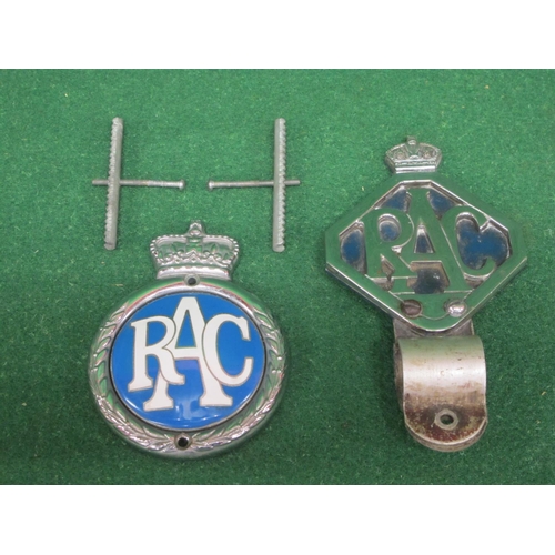 73 - Two RAC car badges to comprise: diamond shape with crown version with bar fitted and a boxed as new ... 