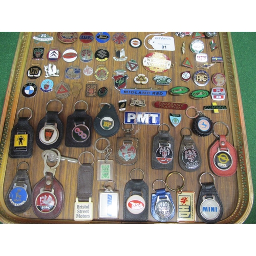 81 - Tray of key ring fobs, badges, Safe Driving medals with year bars etc, all with a connection to road... 