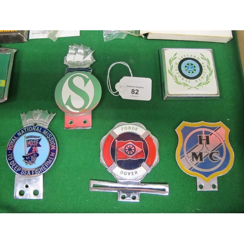 82 - Seven car badges to include: Historic Leyland Vehicles and Co. Down (are boxed with fittings), HMC, ... 