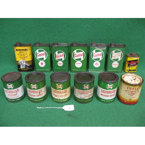 9 - Six different one pint oil tins from Castrol and Armstrong, a half pint Lockheed tin and six 1lb gre... 