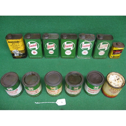 9 - Six different one pint oil tins from Castrol and Armstrong, a half pint Lockheed tin and six 1lb gre... 