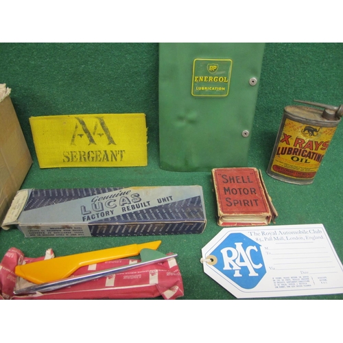 95 - Mixed lot to include: X Rays Lubricating Oil can, AA Sergeant yellow armband, boxed Lucas trafficato... 